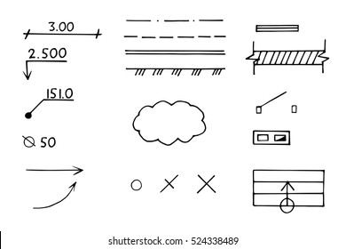 Architectural and engineering signs and symbols. Vector hand drawn set.