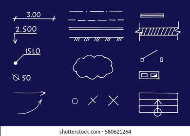 Architectural and engineering signs and symbols. Vector hand drawn set. Vintage blueprint.