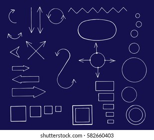 Architectural and engineering signs and symbols. Vector hand drawn set. Vintage blueprint.