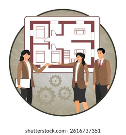Architectural engineering. Team discussing architectural plans on a presentation board, showcasing cooperation and project planning. Flat vector modern illustration 