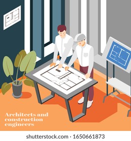 Architectural engineers office work isometric composition with building construction planning sketching technical drawing blueprint background vector illustration 