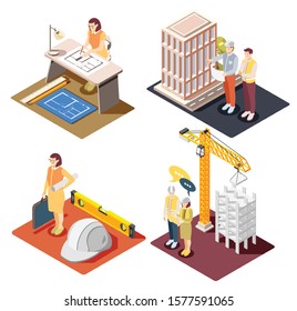 Architectural engineers work concept 4 isometric compositions with panning design technical drawing buildings construction supervision vector illustration  