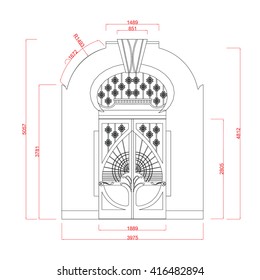 Architectural entrance and door vector line work black paint with dimension
