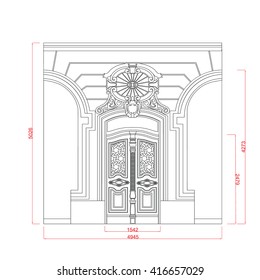 Architectural entrance and door vector line work black paint with dimension