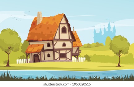 Architectural evolution cartoon image of medieval suburban cottage surrounded by nature with castle silhouette on background vector illustration svg