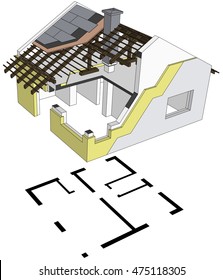 Architectural exploded perspective view of a home structure with insulation and simple ground floor plan