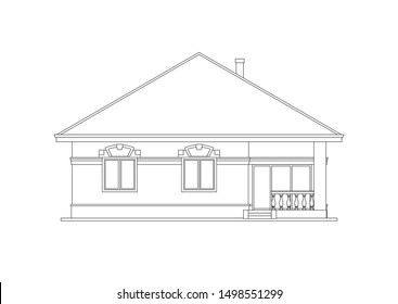 Architectural facade of a house. The drawing of the cottage. Isolated on white background. Adult coloring. Vector black illustration EPS10