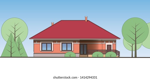 Architectural facade of a house on the land. View of single-storey cottage. Vector realistic illustration EPS 10.