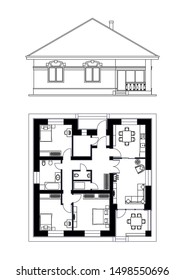 Architectural facade and plan of a house. The drawing of the cottage. Isolated on white background. Vector black illustration EPS10