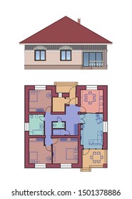 Architectural facade and plan of a house. The drawing of the cottage. Isolated on white background. Vector multicolored illustration EPS10