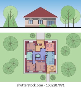 Architectural facade and plan of a house. The drawing of the cottage surrounded by trees. Vector multicolored illustration EPS10