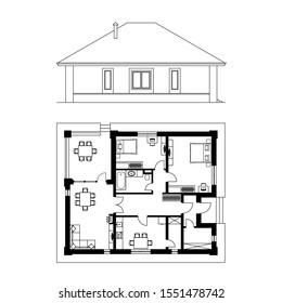 Architectural facade and plan of a house. The drawing of the cottage. Isolated on white background. Vector black illustration EPS10