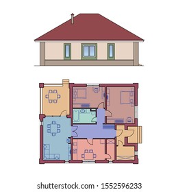 Architectural facade and plan of a house. The drawing of the cottage. Isolated on white background. Vector multicolored illustration EPS10