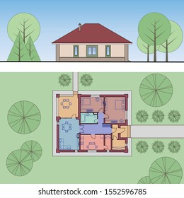 Architectural facade and plan of a house. The drawing of the cottage surrounded by trees. Vector multicolored illustration EPS10