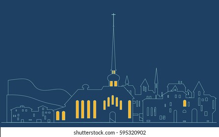 Architectural fantasy. Streets, churches and houses in the panorama of the city at night. Vector illustration.