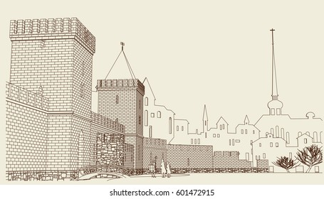 Architectural fantasy.View of the old town. Walls, fortifications and the towers of the ancient castle, and the spire of the medieval cathedral, church and the houses in the distance. Vector.