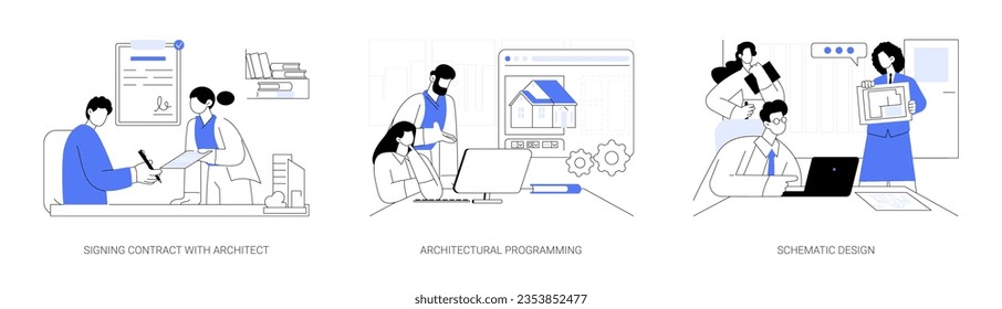 Architectural firm abstract concept vector illustration set. Signing contract with architect, architectural programming, schematic building design, commercial construction firm abstract metaphor.