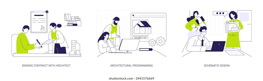 Architectural firm abstract concept vector illustration set. Signing contract with architect, architectural programming, schematic building design, commercial construction firm abstract metaphor.