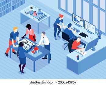 Architectural firm office interior isometric view with architects team discussing project creating 3d computer models vector illustration