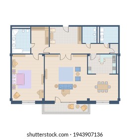 Plano del piso arquitectónico del apartamento. Dibujo colorido. Vista superior con mobiliario y equipo de fontanería. Vector aislado