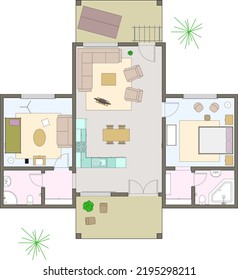 Architektonisches Grundriss für Wohnzimmer mit zwei Schlafzimmern.
