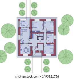 Architectural floor plan of a house. The drawing of the cottage. One-storey building on the land. Vector illustration EPS10