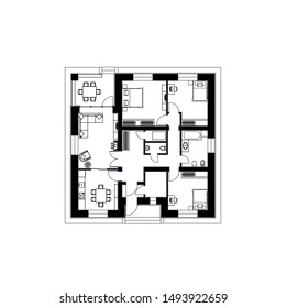 Architectural floor plan of a house. The drawing of the cottage. Isolated on white background. Vector black illustration EPS10