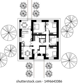 Architectural floor plan of a house. The drawing of the cottage. Isolated on white background. Vector black illustration EPS10