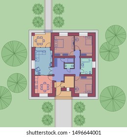 Architectural floor plan of a house. The drawing of the cottage. One-storey building on the land. Vector illustration EPS10