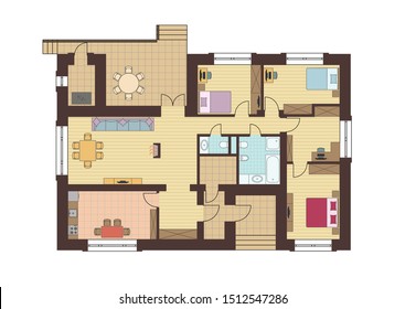 Architectural floor plan of a house. Drawing of the cottage with furniture arrangement. One-storey building. Vector illustration EPS10