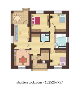 Architectural floor plan of a house. Drawing of the cottage with furniture arrangement. One-storey building. Vector illustration EPS10