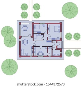 Architectural floor plan of a house. The drawing of the cottage. One-storey building on the land. Vector illustration EPS10