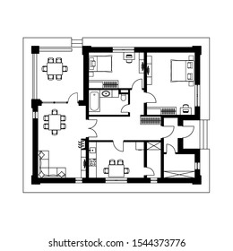 Architectural floor plan of a house. The drawing of the cottage. Isolated on white background. Vector black illustration EPS10