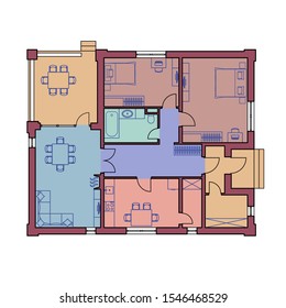 Architectural floor plan of a house. The drawing of the cottage. One-storey building isolated on white background. Vector illustration EPS10