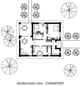 Architectural floor plan of a house. The drawing of the cottage. Isolated on white background. Vector black illustration EPS10