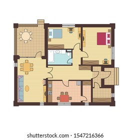 Architectural floor plan of a house. Drawing of the cottage with furniture arrangement. One-storey building isolated on white background. Vector illustration EPS10