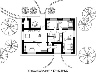 Architectural floor plan of a house. The drawing of the cottage. Isolated on white background. Vector black illustration EPS10