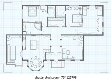 Architectural floor plan of the house with kitchen, sleeping rooms, children's room, bathroom, pantry, living room and barbecue terrace. Vector illustration sketch