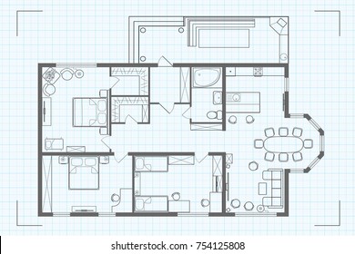 Architectural floor plan of the house with kitchen, sleeping rooms, children's room, bathroom, toilet, pantry, living room and barbecue terrace. Vector illustration Black and white sketch plan on a ba