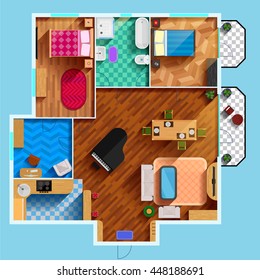 Architectural Floor Plan Of House With Two Bedrooms Living Room Kitchen Bathroom And Furniture Flat Vector Illustration 