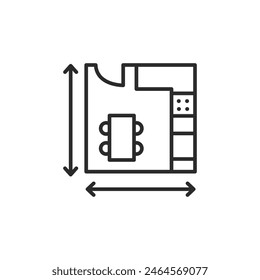 Architectural floor plan icon. A simplified representation of a house layout including measurements, indicating the planning phase of construction or renovation. Vector illustration 