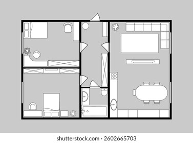 Architectural floor plan with walls and doors, furniture and decoration. Vector top view of blueprint with rooms and furnishing layouts. Corridor and bedroom, bathroom and kitchen in house