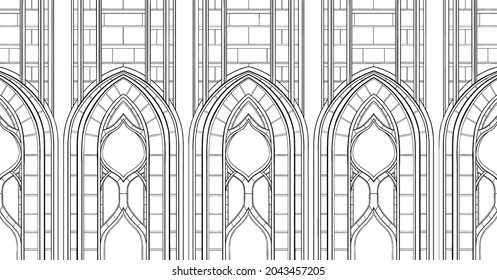 abstracción geométrica arquitectónica con arcos puntiagudos de una catedral gótica, vidriera de una antigua iglesia, elemento decorativo de un castillo de piedra medieval, adorno gráfico simétrico.