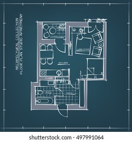 Architectural Hand Drawn Blueprint Floor Plan. Studio Apartment