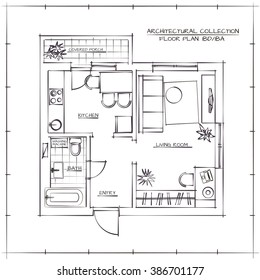 Architectural Hand Drawn Floor Plan.One Bedroom Apartment