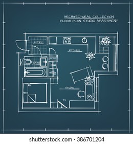 Architectural Hand Drawn Floor Plan. Blueprint. Studio Apartment