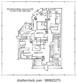 Architectural Hand Drawn Floor Plan.Two Bedrooms Apartment