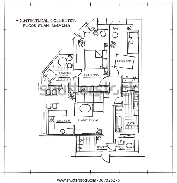 Architectural Hand Drawn Floor Plan Bedrooms Stock