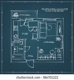 Architectural Hand Drawn Floor Plan.Blueprint. One Bedroom Apartment