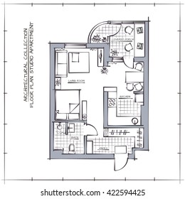 Architectural Hand Drawn Technical Illustration. Floor Plan. Studio Apartment.